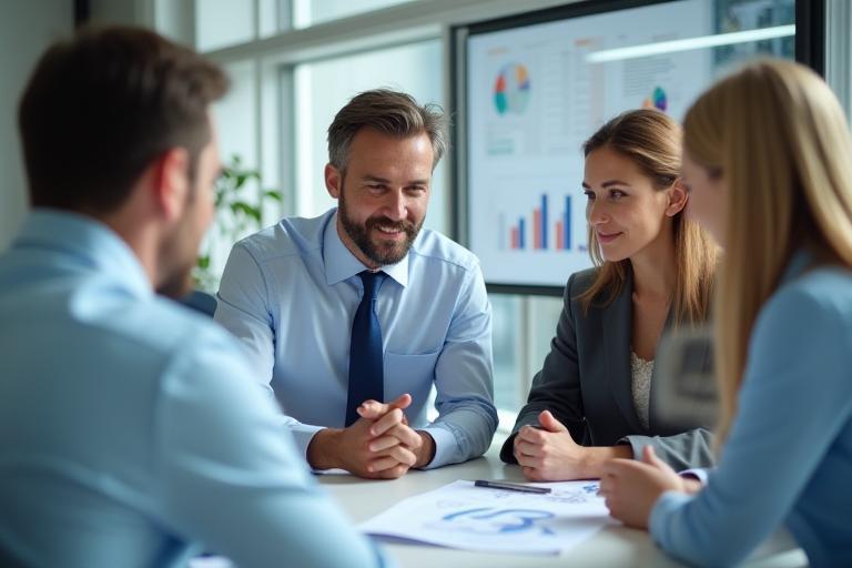 Professional team members discussing financial plans in an office setting.
