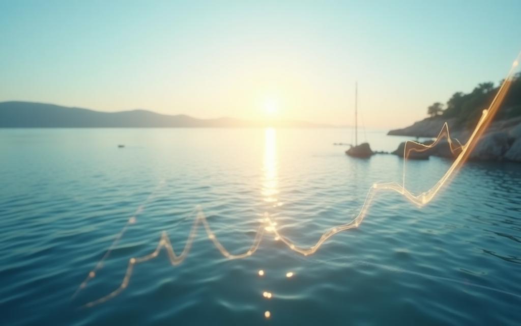 Scenic image representing a secure and prosperous future, perhaps a coastline or calm water.